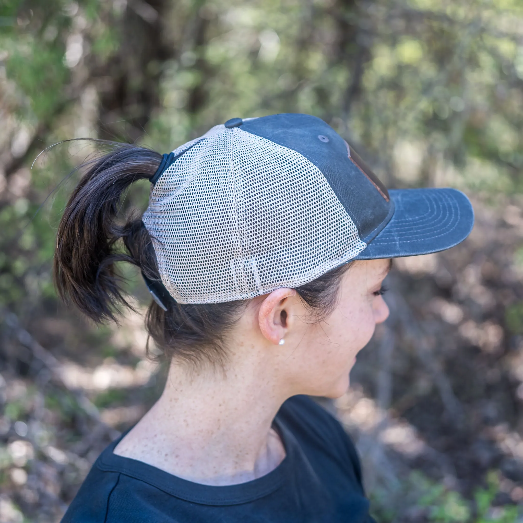 Leather Patch Ponytail Style Hat - Texas License Plate Stamp