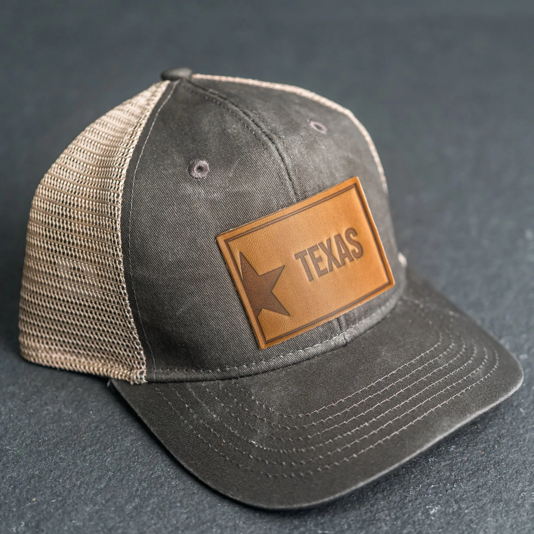 Leather Patch Ponytail Style Hat - Texas License Plate Stamp