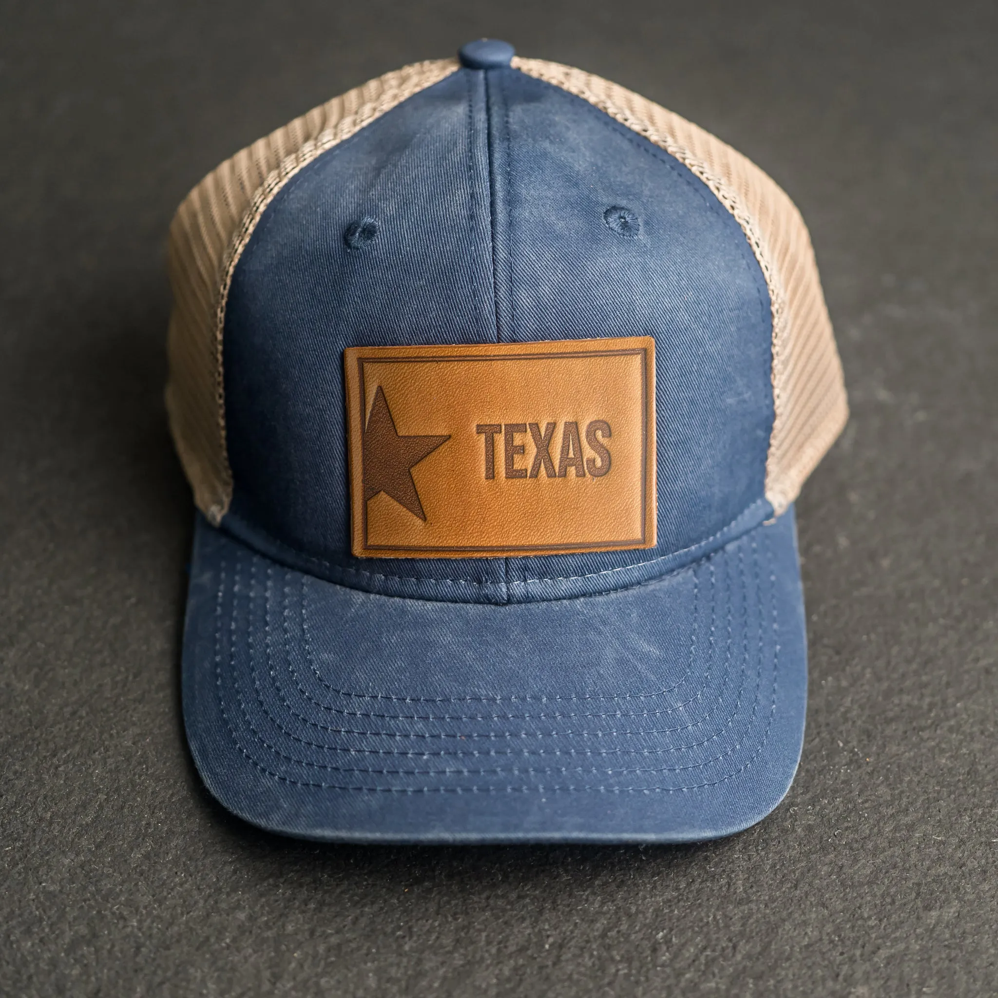 Leather Patch Ponytail Style Hat - Texas License Plate Stamp