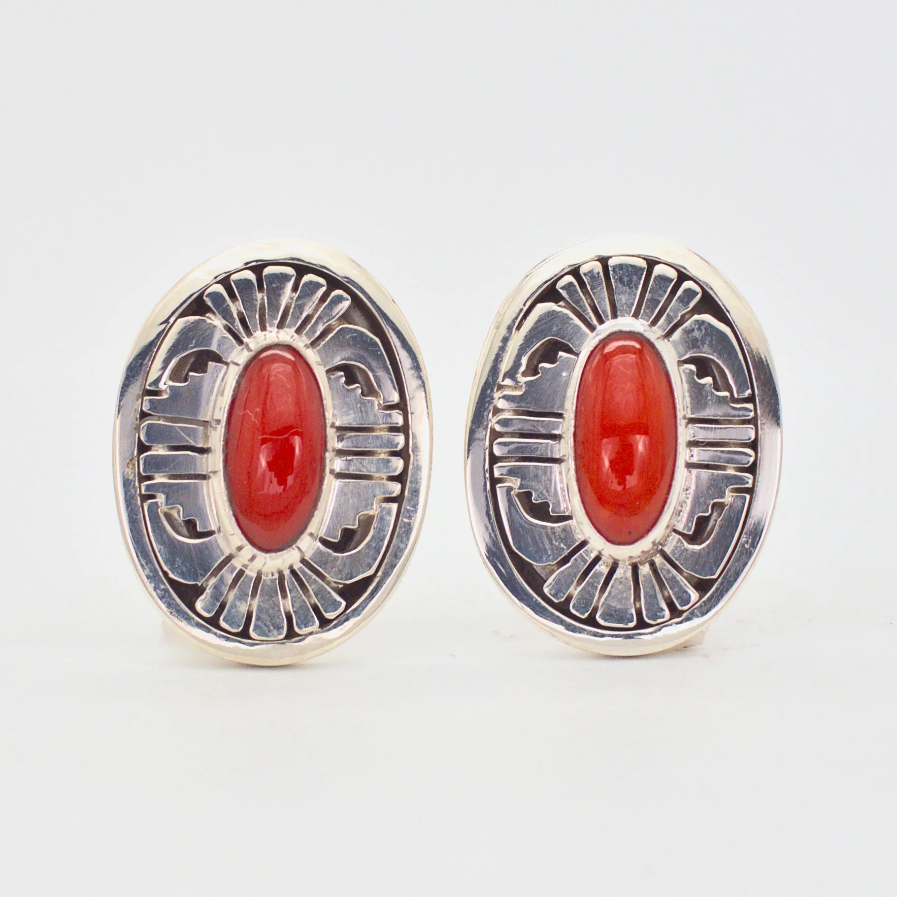 Leonard Nez Four-Piece Navajo Handmade Sterling Silver Coral Jewelry Set