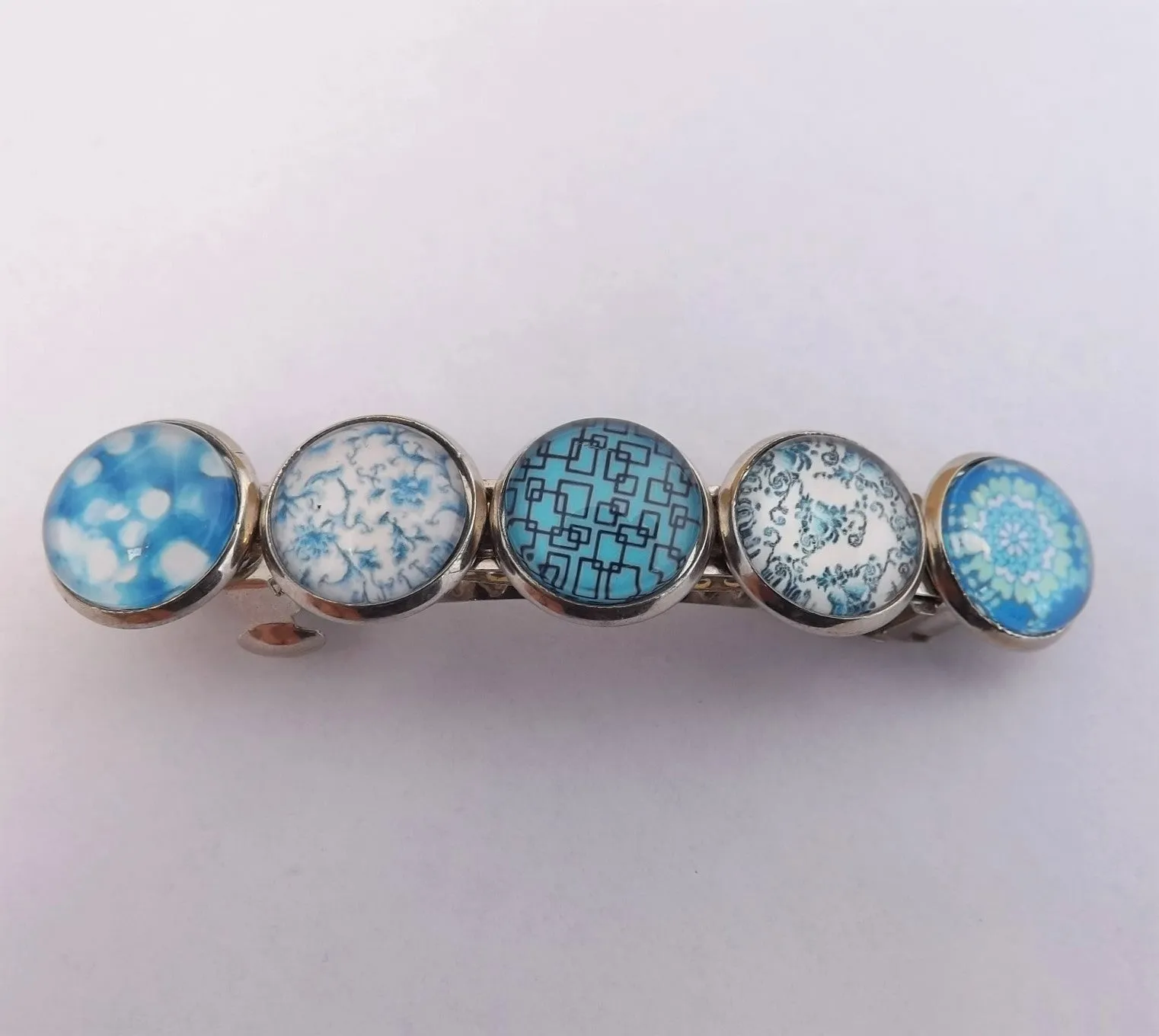 Light Blue, White & Black Silver Tone Dome Barrette Hairclip