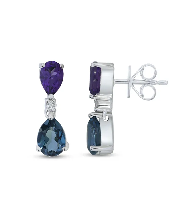 London Blue Topaz Earrings - 10ct White Gold London Blue Topaz, Amethyst and Diamond Earrings - 786691