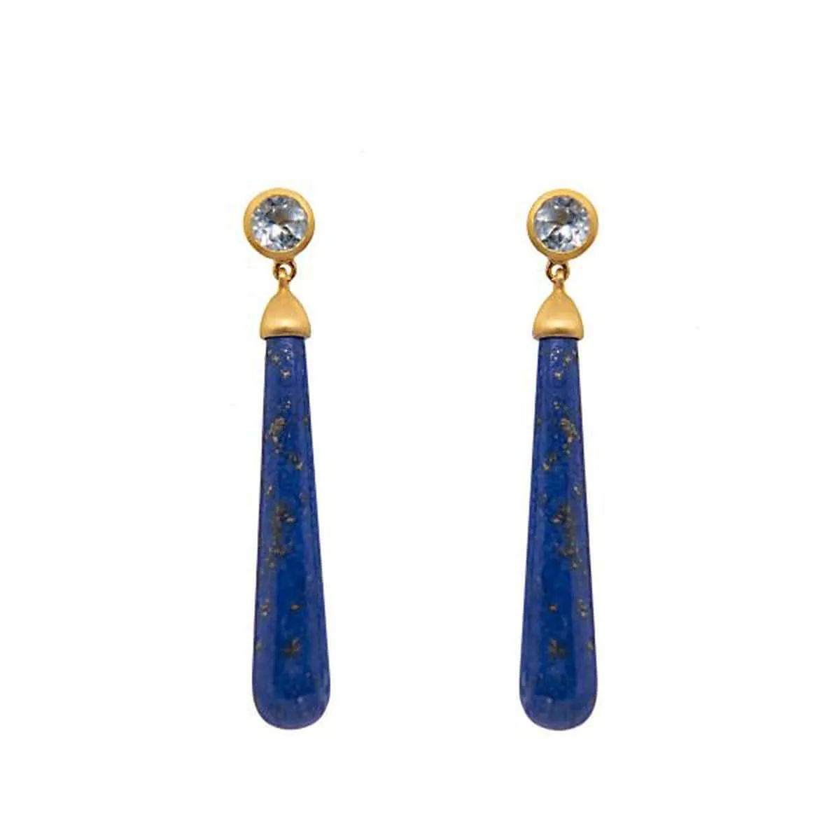 Long Drop Cabochon Sky Blue Topaz & Light Lapis Earrings