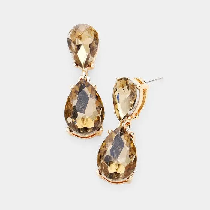 Lt Colored Topaz Crystal Double Teardrop Gold Earrings