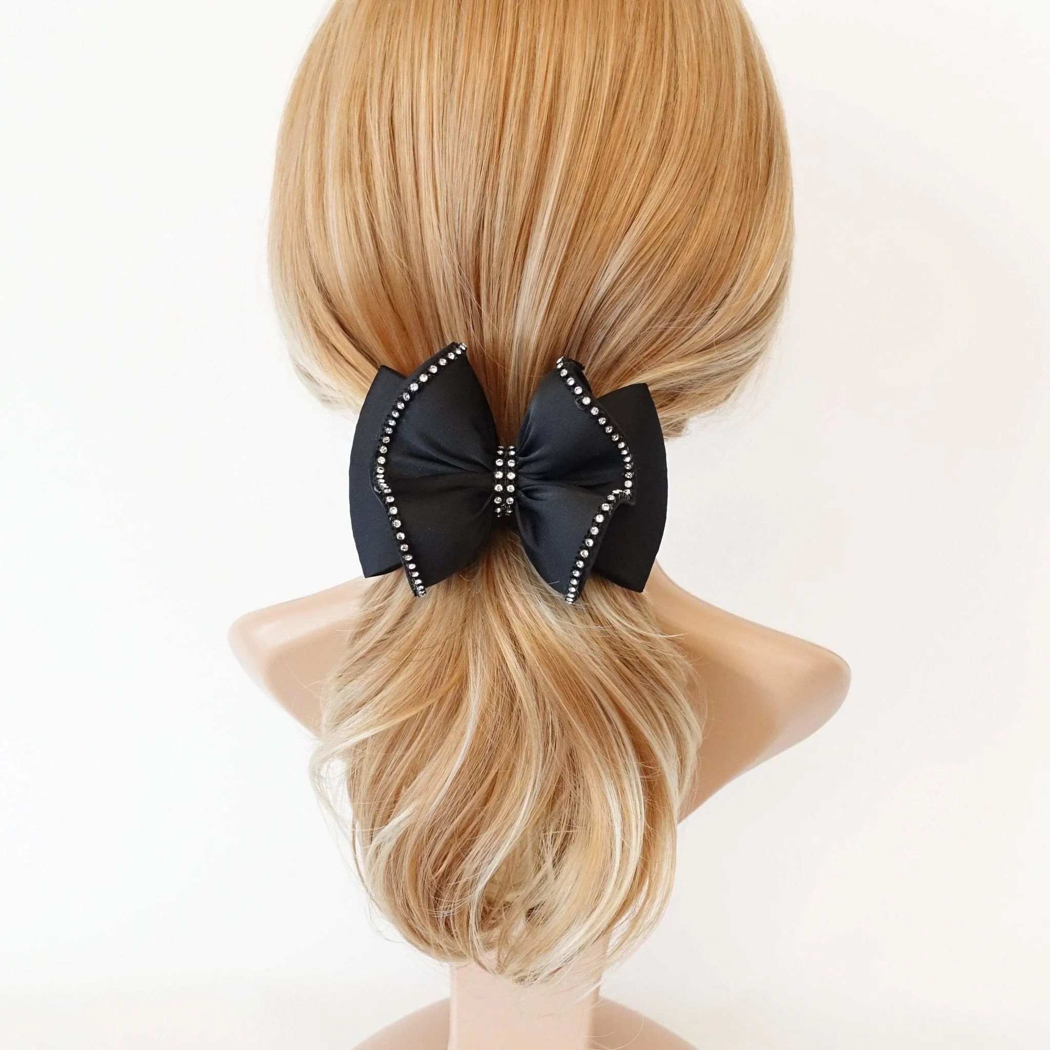 luxury rhinestone embellished black satin hair bow french barrette women hair accessories