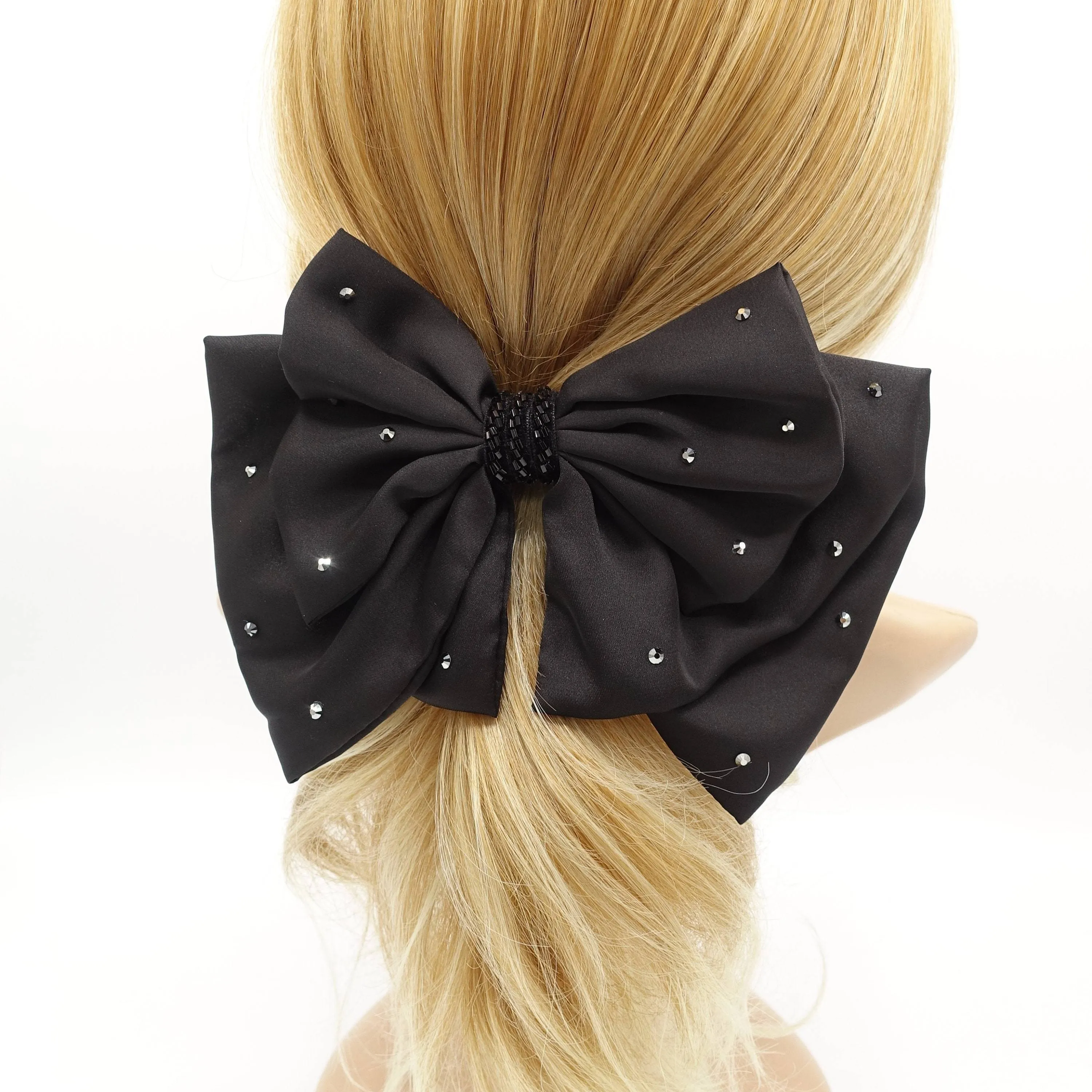 Luxury style hair bow black rhinestone embellished hair accessory for women