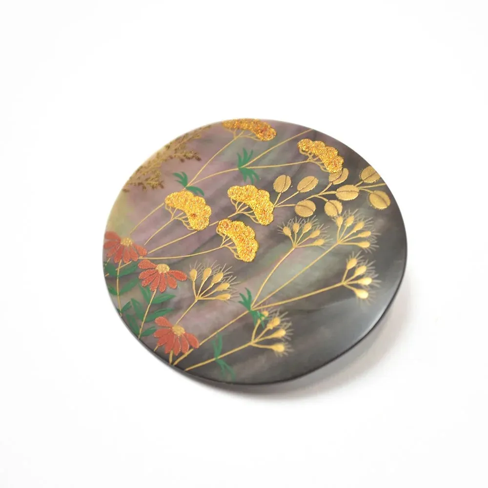 Maki-e Urushi Lacquer Brooch - Black Lip Oyster Pearl Shell / Autumn Flower -, Traditional Japanese Urushi Lacquer Jewelry