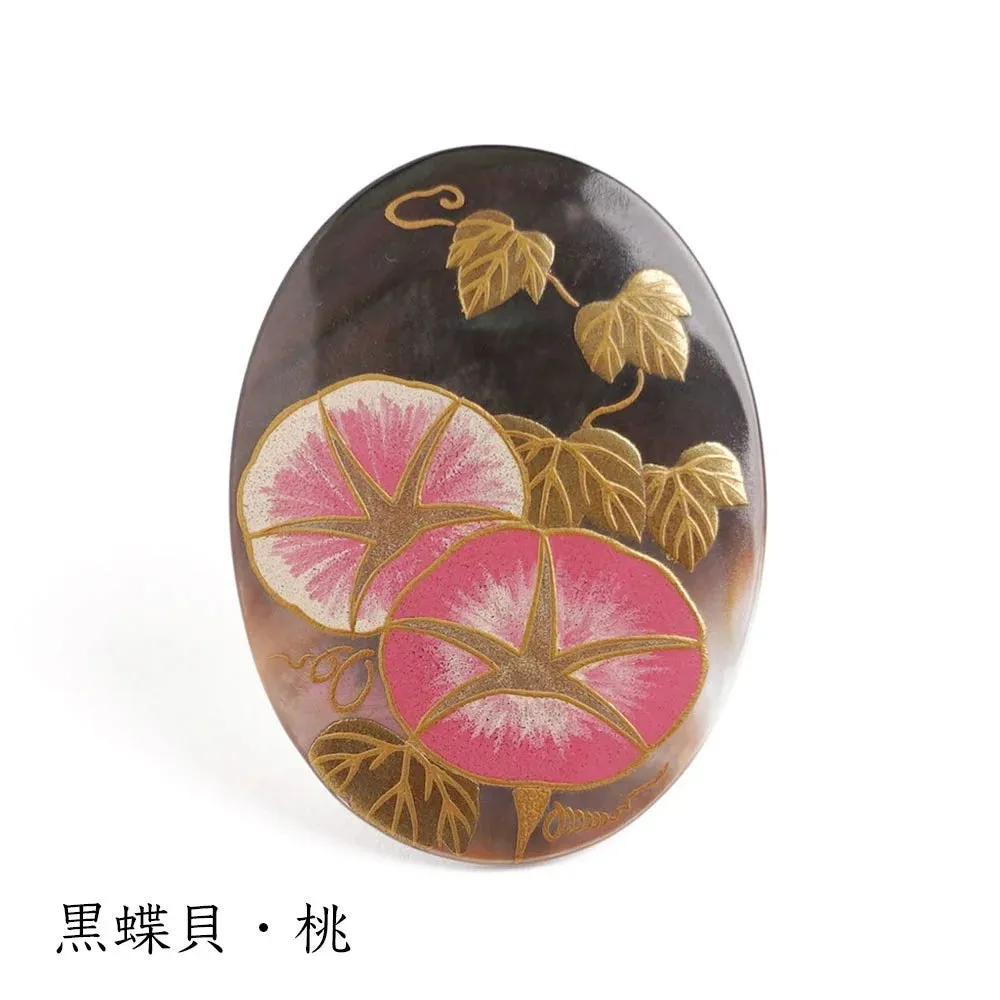 Maki-e Urushi Lacquer Brooch - Black Lip Oyster Pearl Shell / Morning Glory / Pink -, Traditional Japanese Urushi Lacquer Jewelry