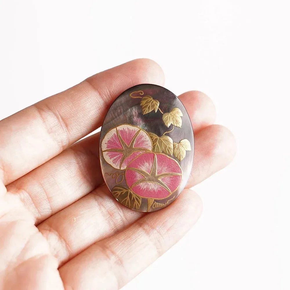 Maki-e Urushi Lacquer Brooch - Black Lip Oyster Pearl Shell / Morning Glory / Pink -, Traditional Japanese Urushi Lacquer Jewelry