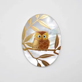 Maki-e Urushi Lacquer Brooch - White South Sea Pearl Shell / Owl -, Traditional Japanese Urushi Lacquer Jewelry