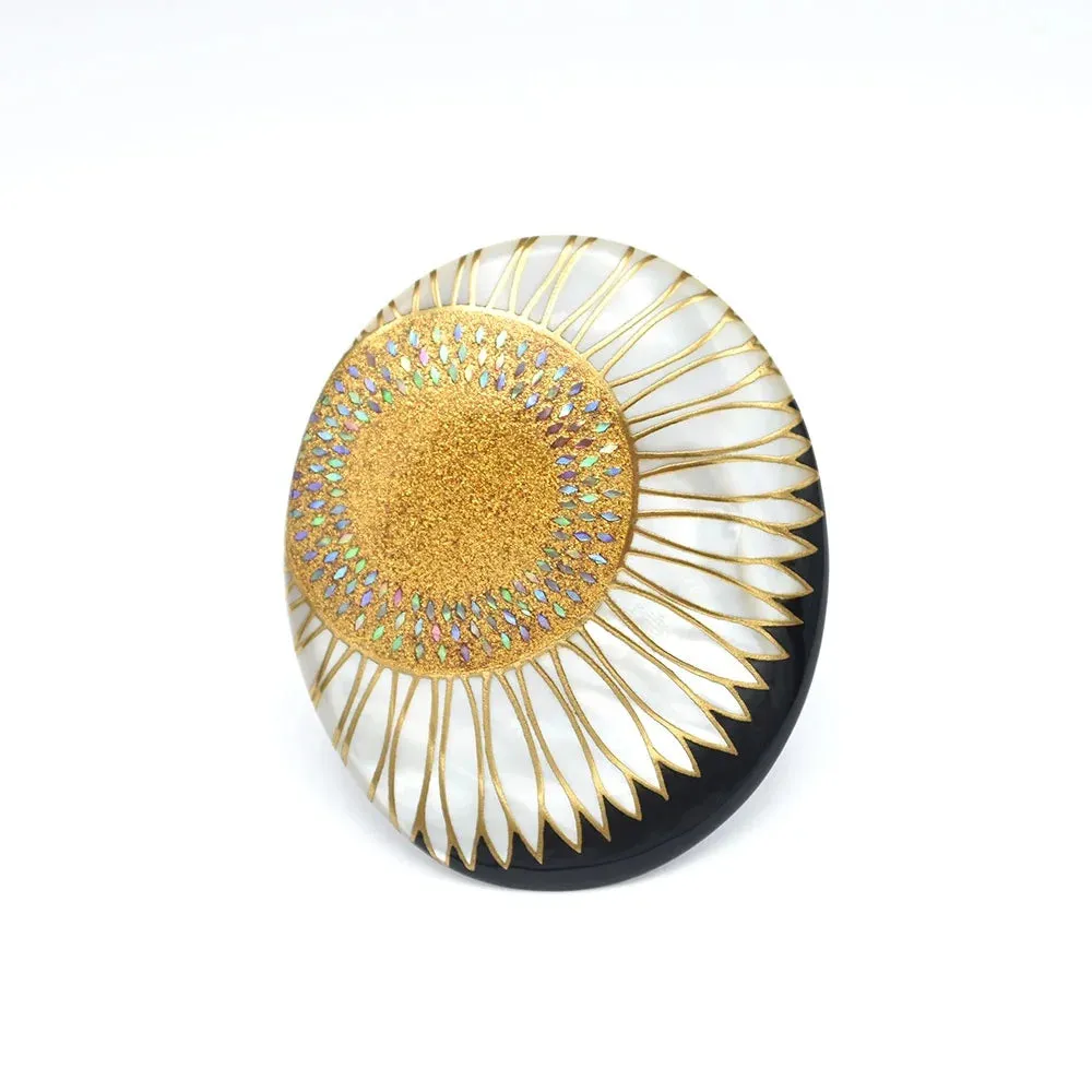 Maki-e Urushi Lacquer Brooch - White South Sea Pearl Shell / Sunflower  -, Traditional Japanese Urushi Lacquer Jewelry