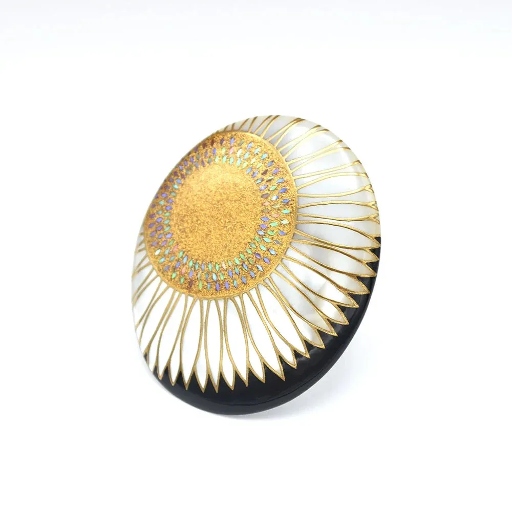 Maki-e Urushi Lacquer Brooch - White South Sea Pearl Shell / Sunflower  -, Traditional Japanese Urushi Lacquer Jewelry