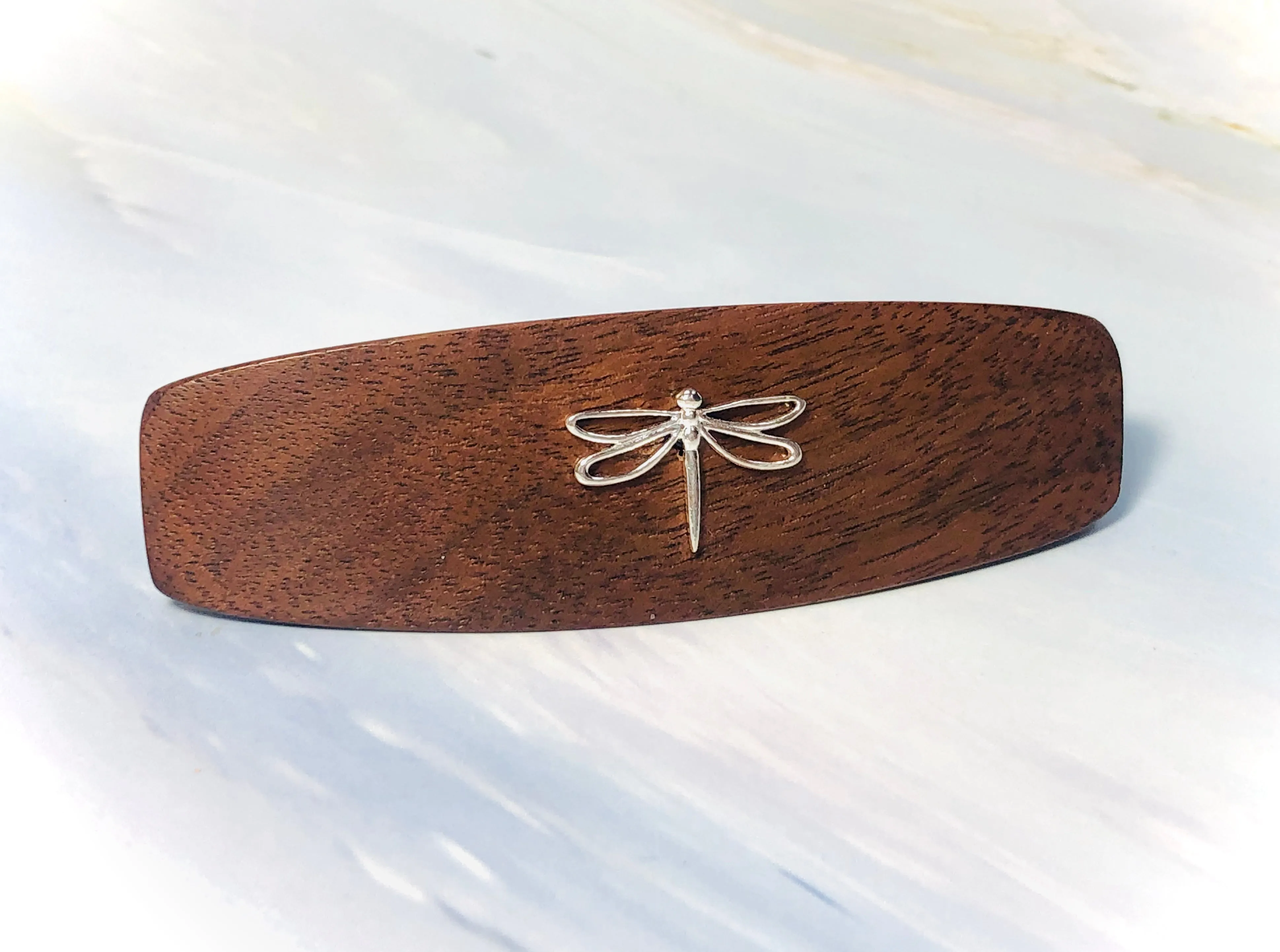 Medium Walnut Dragonfly Barrette, Sterling Silver hair clip wooden barrette