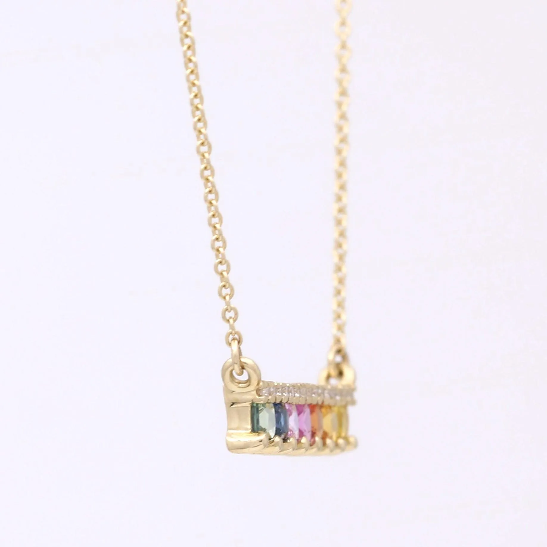 Meira T Diamond Rainbow Sapphire Bar Necklace in 14k Rose Gold