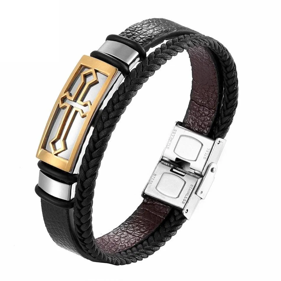 Men's Cross Bracelet <br>Braided Leather Gold Cross