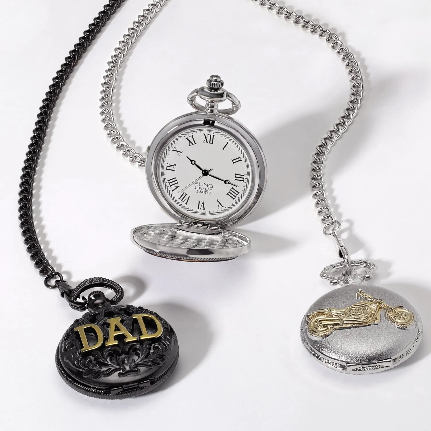 Men's Vintage Skeleton Pocket Watch Two-Tone Roman Numerals Gold Silver Chain