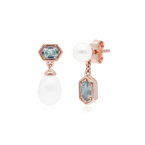 Moderne Perle & Blau Topas Asymmetrische Tropfen Ohrringe in Rose Vergoldetem Sterling Silber