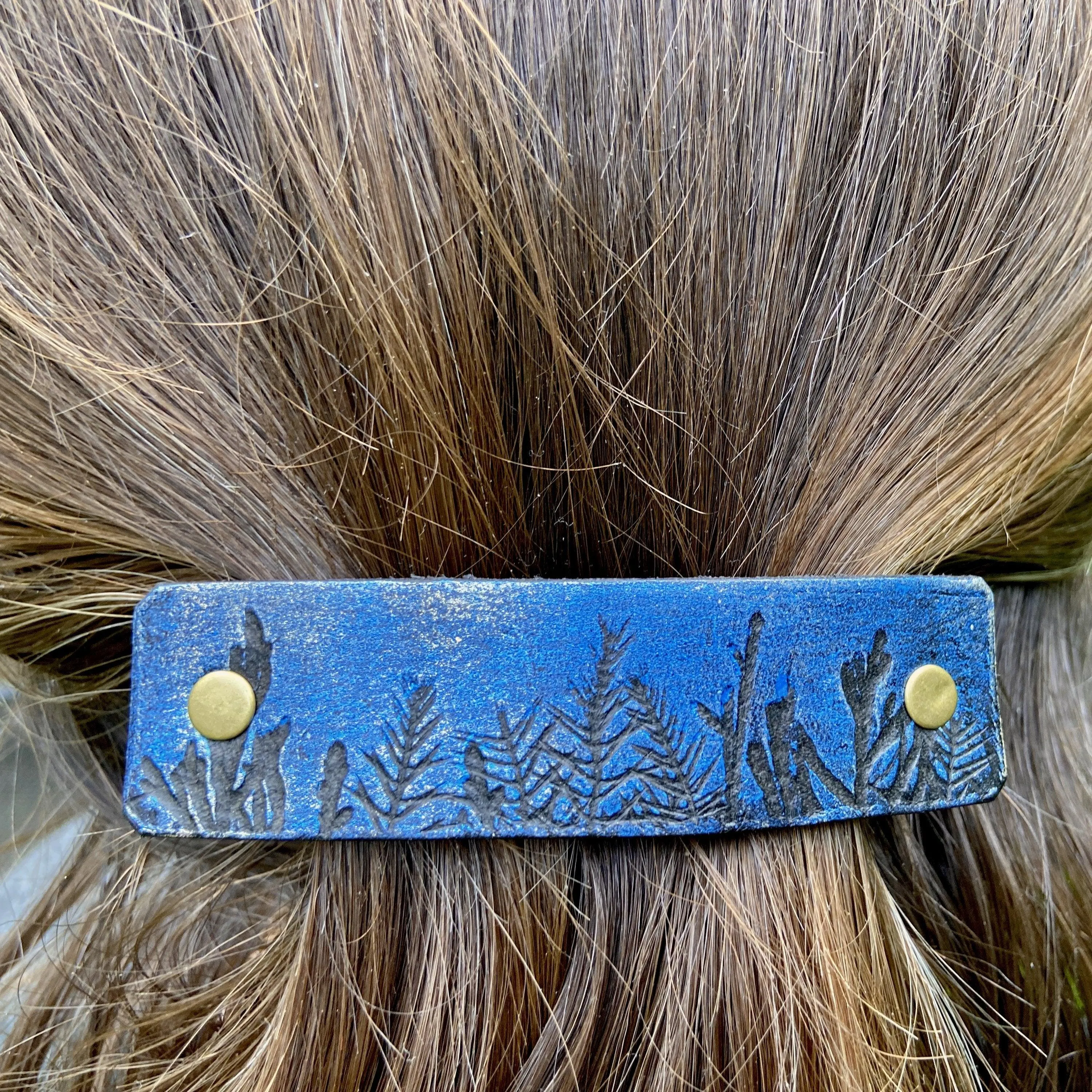 Moonlit Forest Trees Blue & Gold Barrette and Earring Gift Set