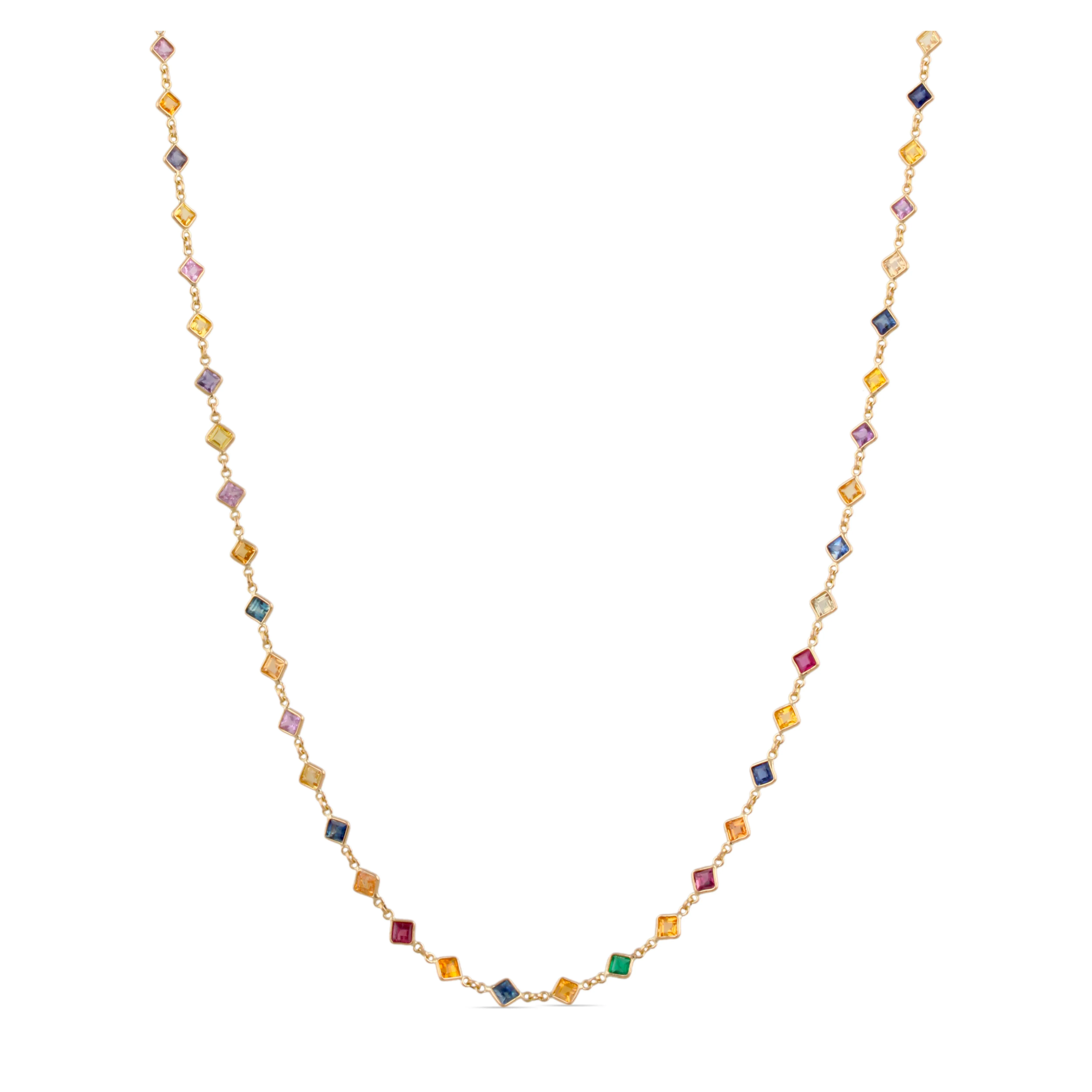 Multi Sapphire Princess Cut Link to Link Necklace In 18K Yellow Gold