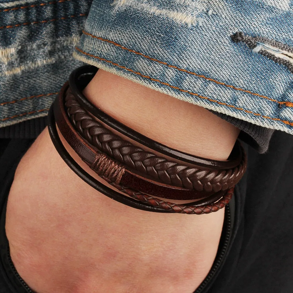 Multilayer Braided Rope Leather Charm Bracelets For Men