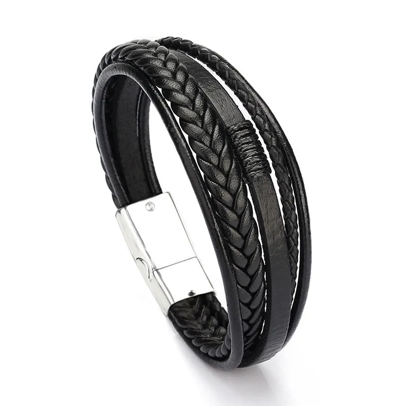 Multilayer Braided Rope Leather Charm Bracelets For Men