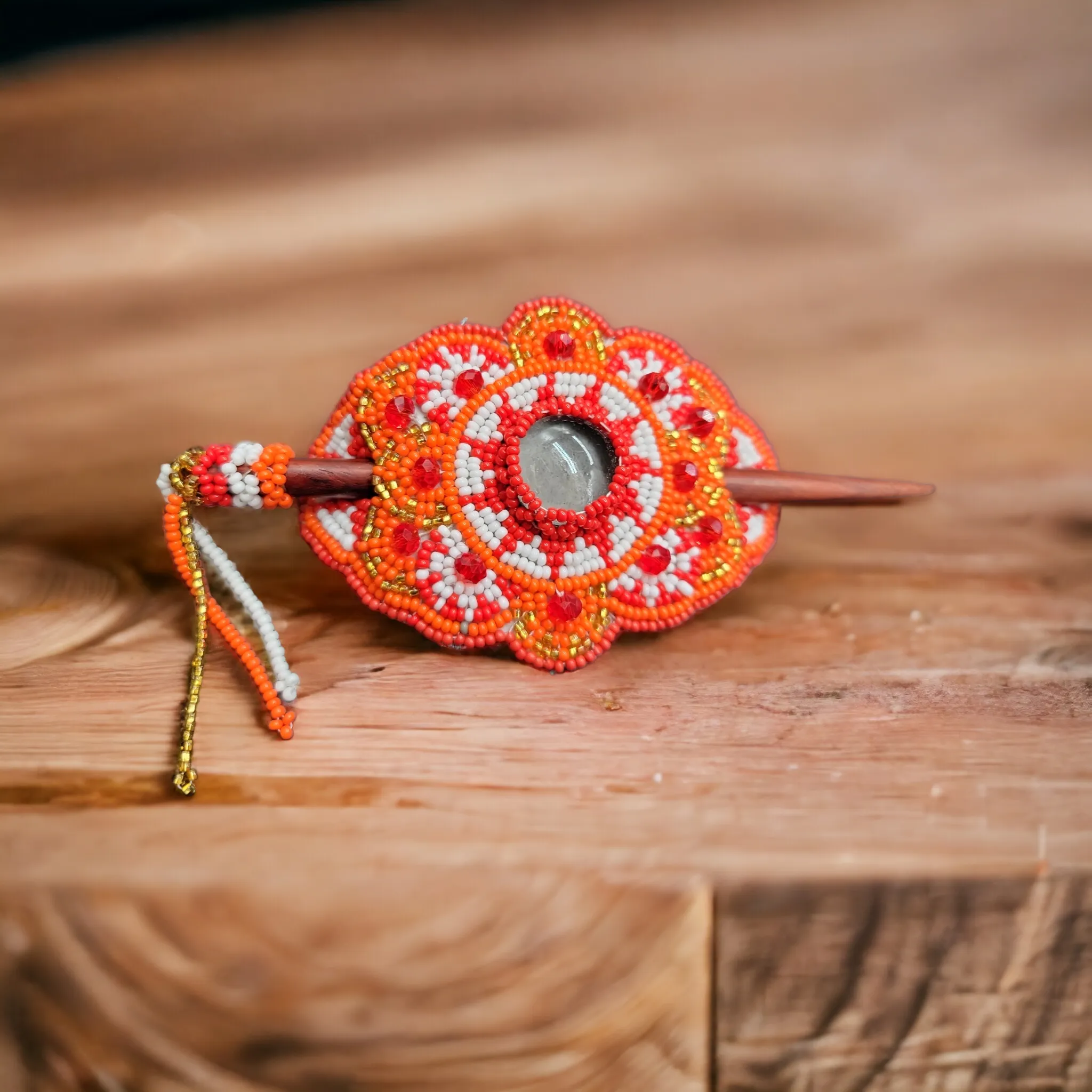 Native American Style  Barrette Orange and Red accent