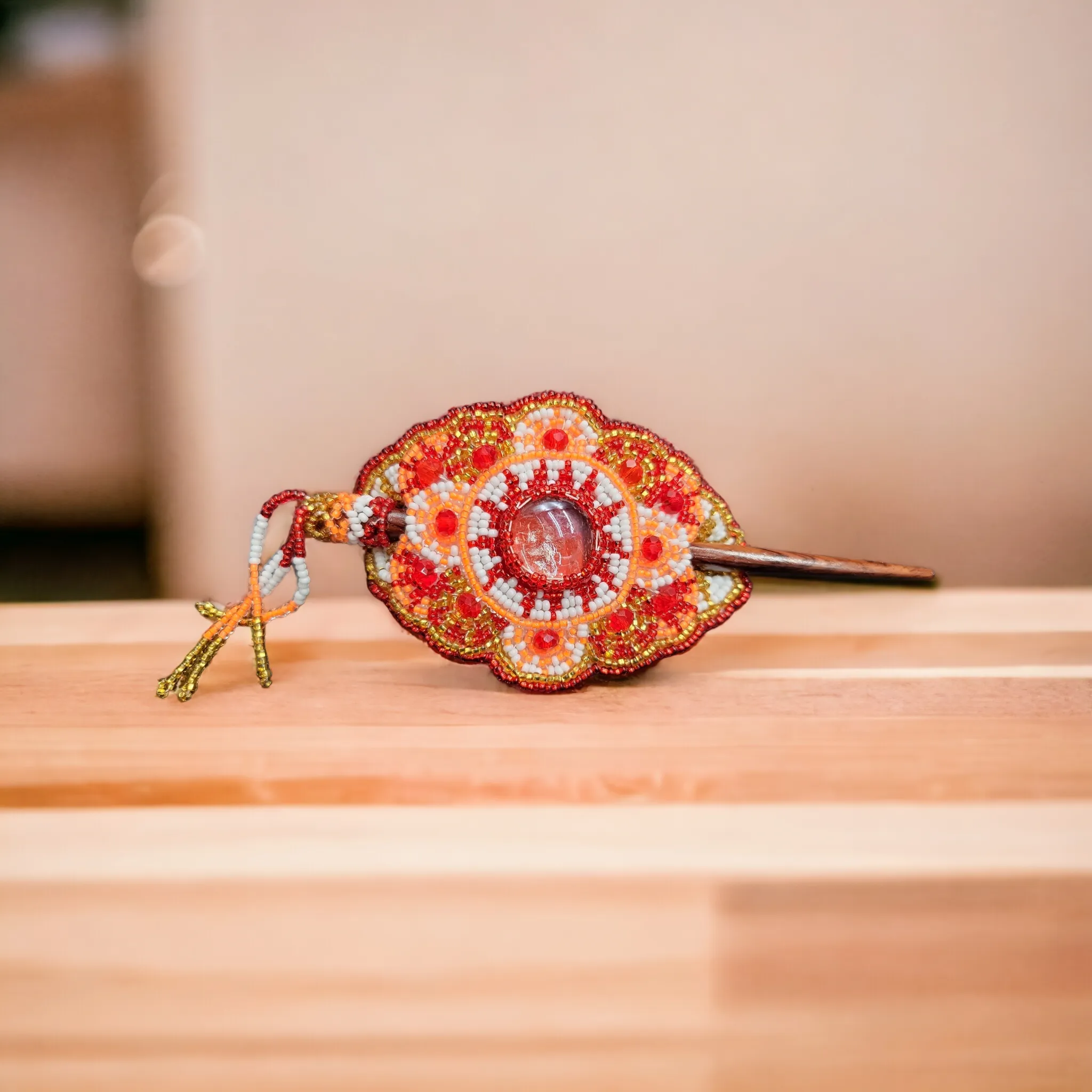 Native American Style  Barrette Orange and Red accent