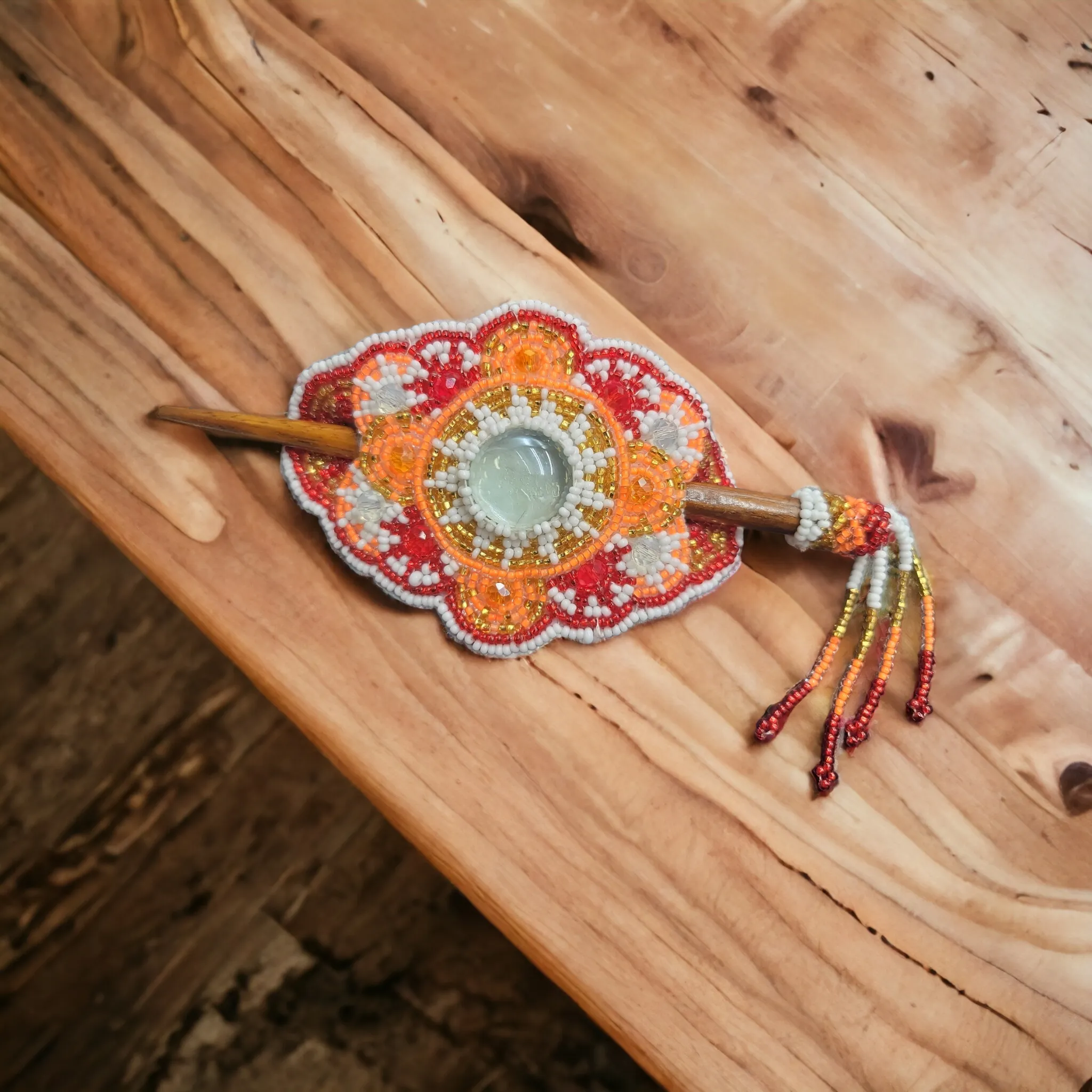 Native American Style  Barrette Orange and Red accent