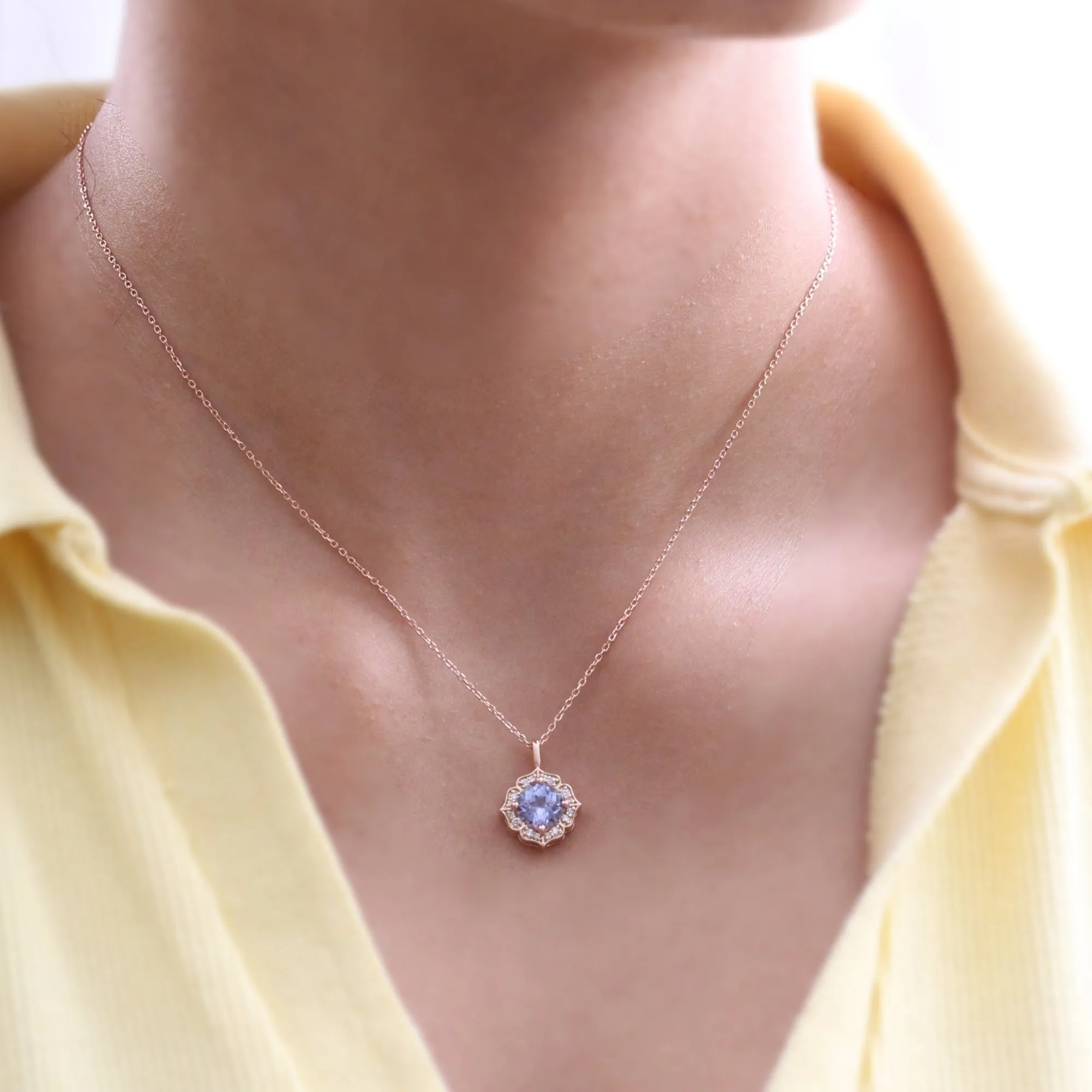 Natural Lavender Sapphire Necklace in 14k Rose Gold Vintage Floral Diamond Pendant