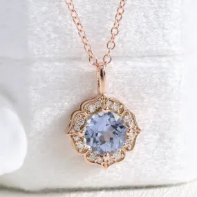 Natural Lavender Sapphire Necklace in 14k Rose Gold Vintage Floral Diamond Pendant