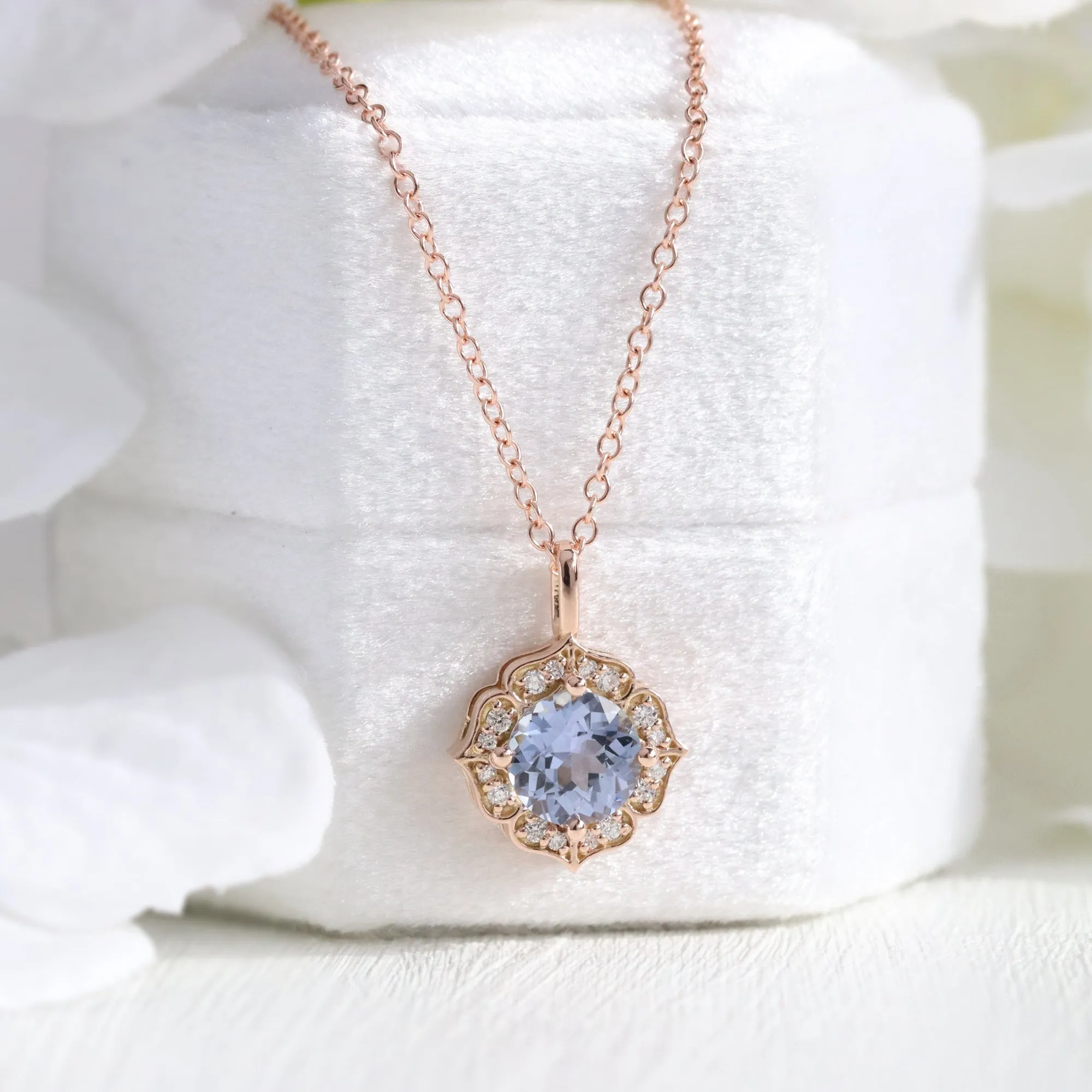 Natural Lavender Sapphire Necklace in 14k Rose Gold Vintage Floral Diamond Pendant