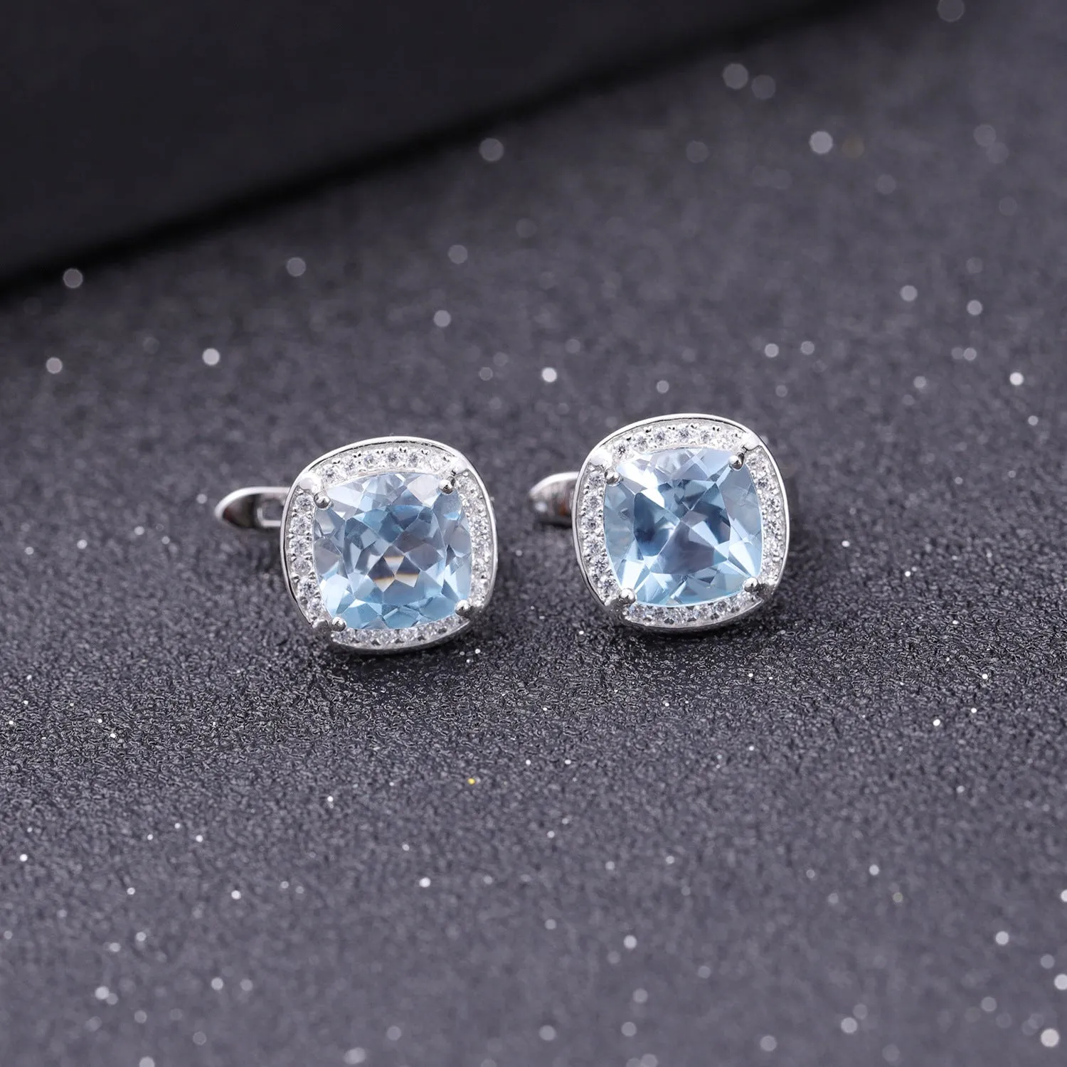 Natural Topaz Soleste Halo Square Sterling Silver Studs for Women