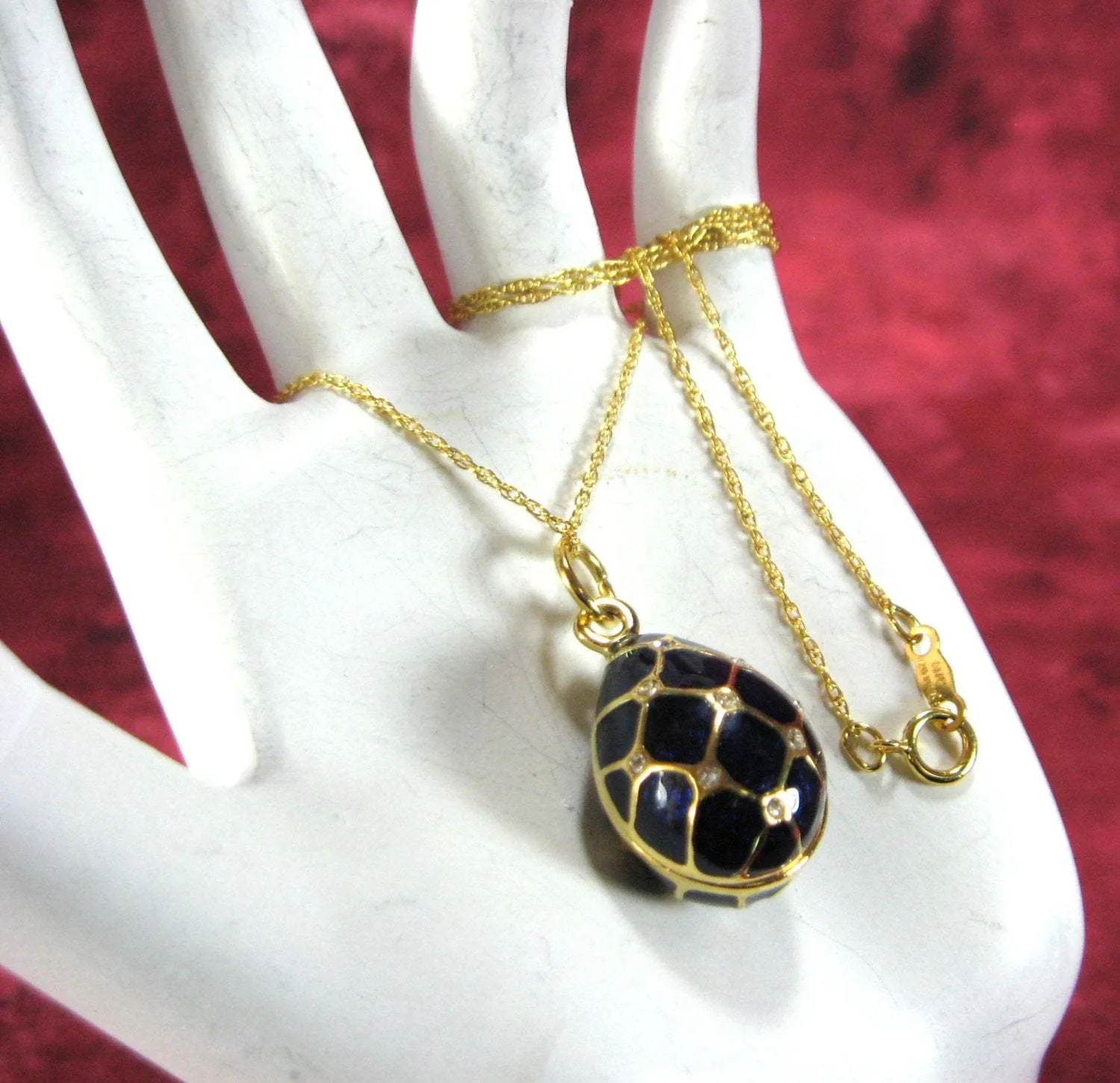 Necklace Sapphire Blue And Rhinestone Easter Egg Cloisonne Enamel 1967 USSR