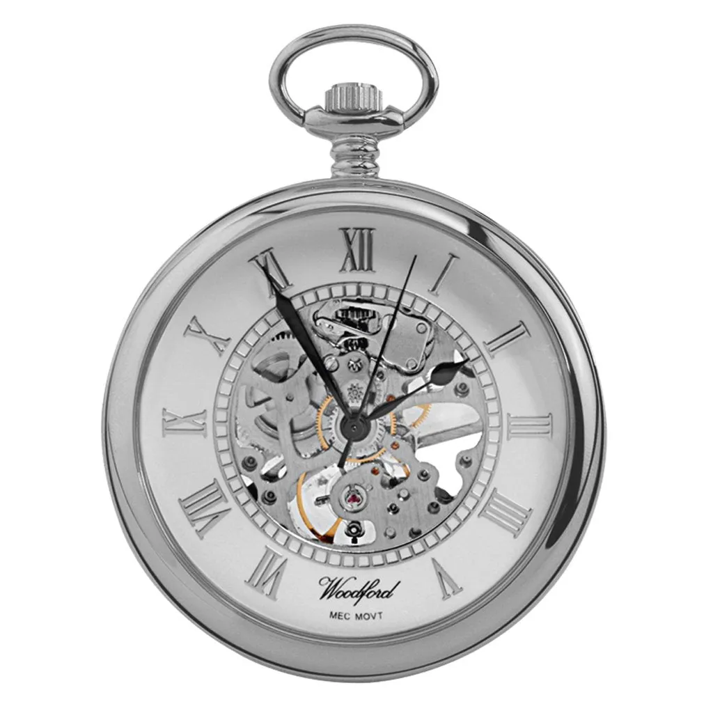 Open Face Skeleton Pocket Watch Chrome Plated with chain CHR1084