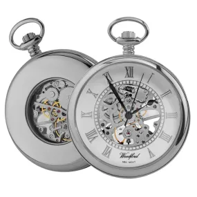 Open Face Skeleton Pocket Watch Chrome Plated with chain CHR1084