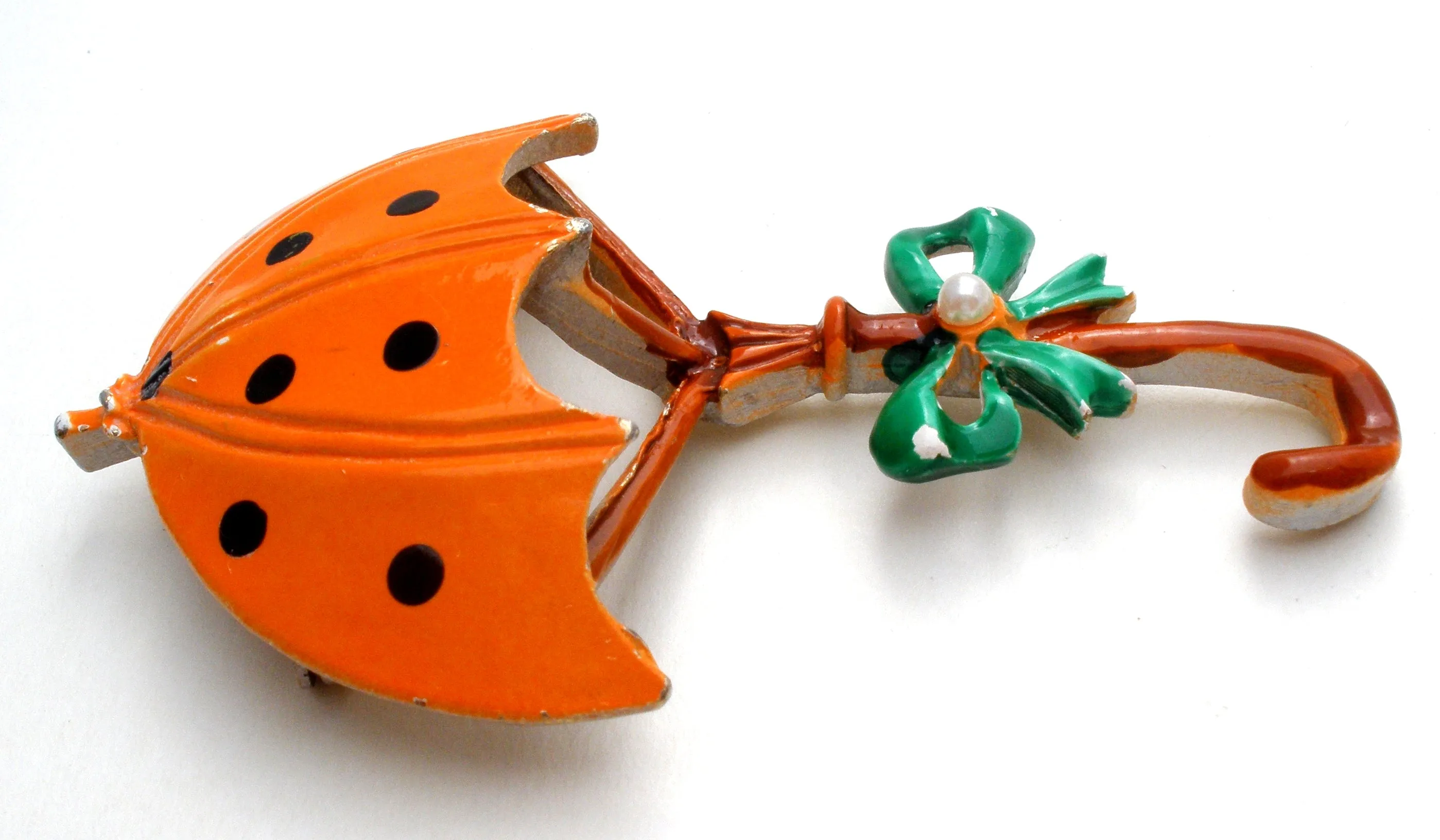 Orange Polka Dot Umbrella Brooch Pin Vintage