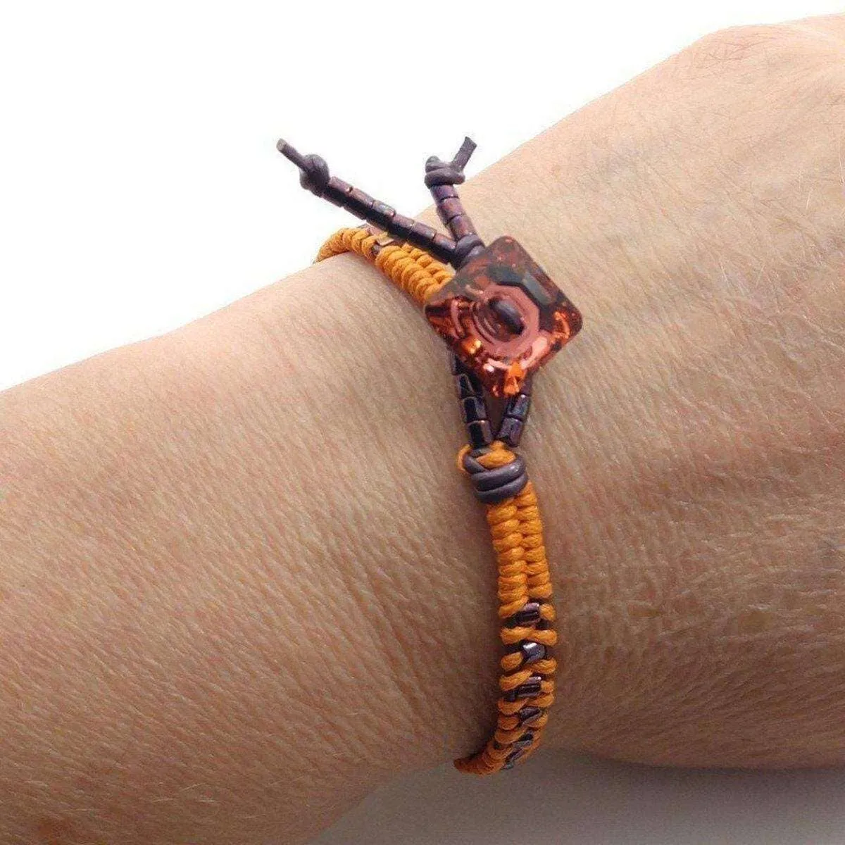 Orange Purple Leather Beaded Rattlesnake Tail Weave Bracelet