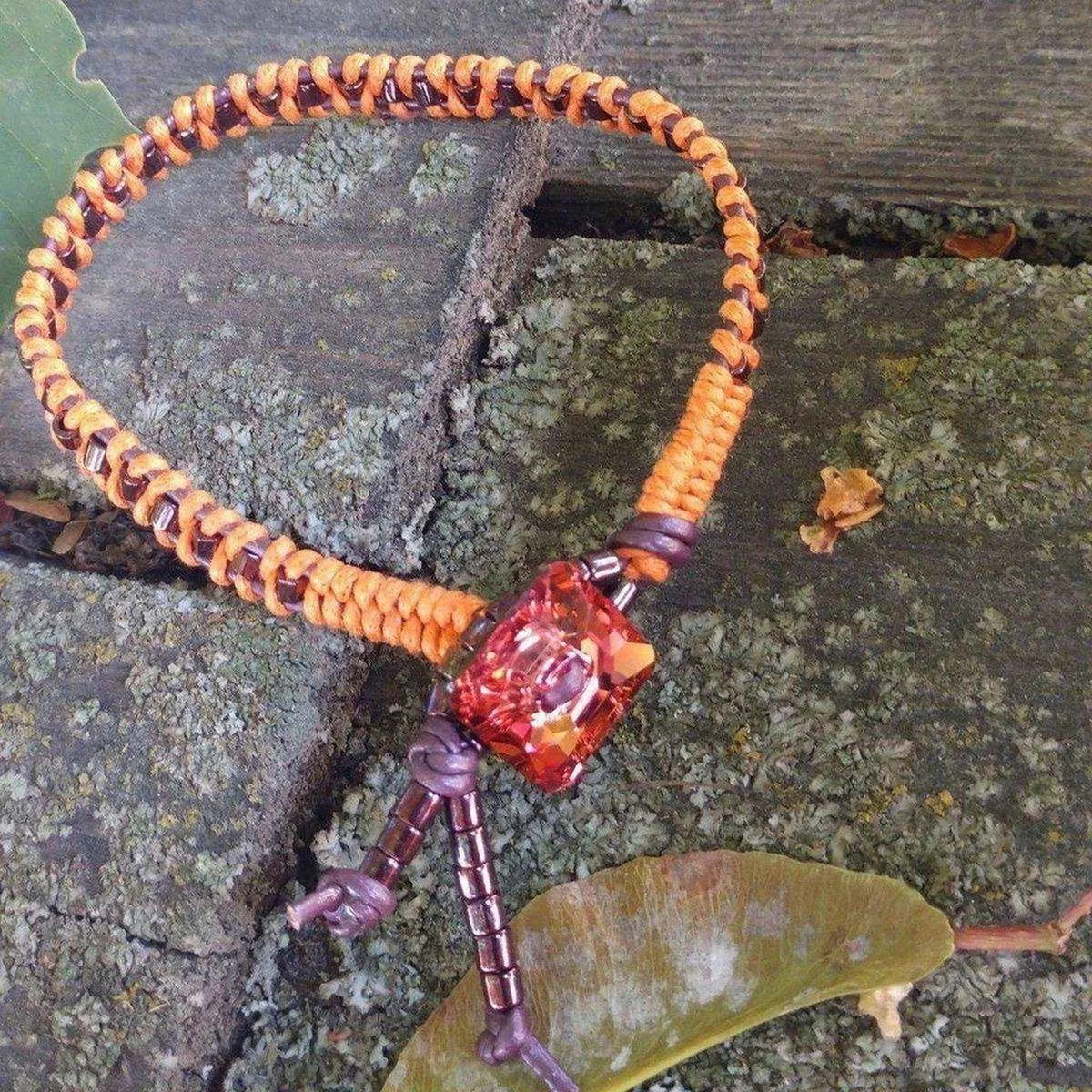 Orange Purple Leather Beaded Rattlesnake Tail Weave Bracelet