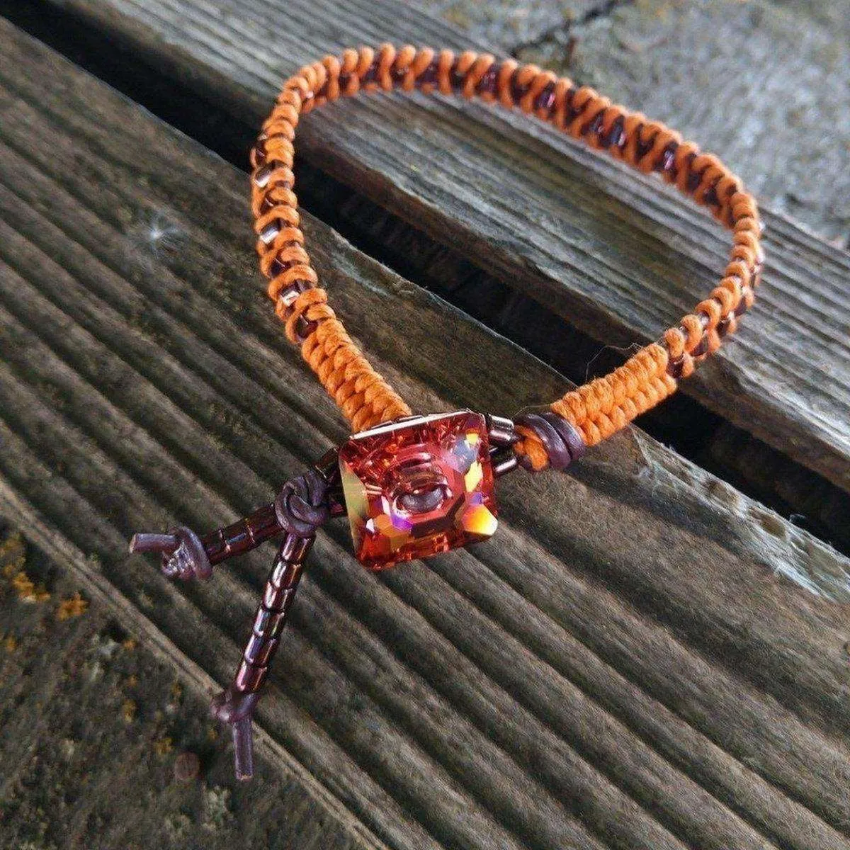 Orange Purple Leather Beaded Rattlesnake Tail Weave Bracelet