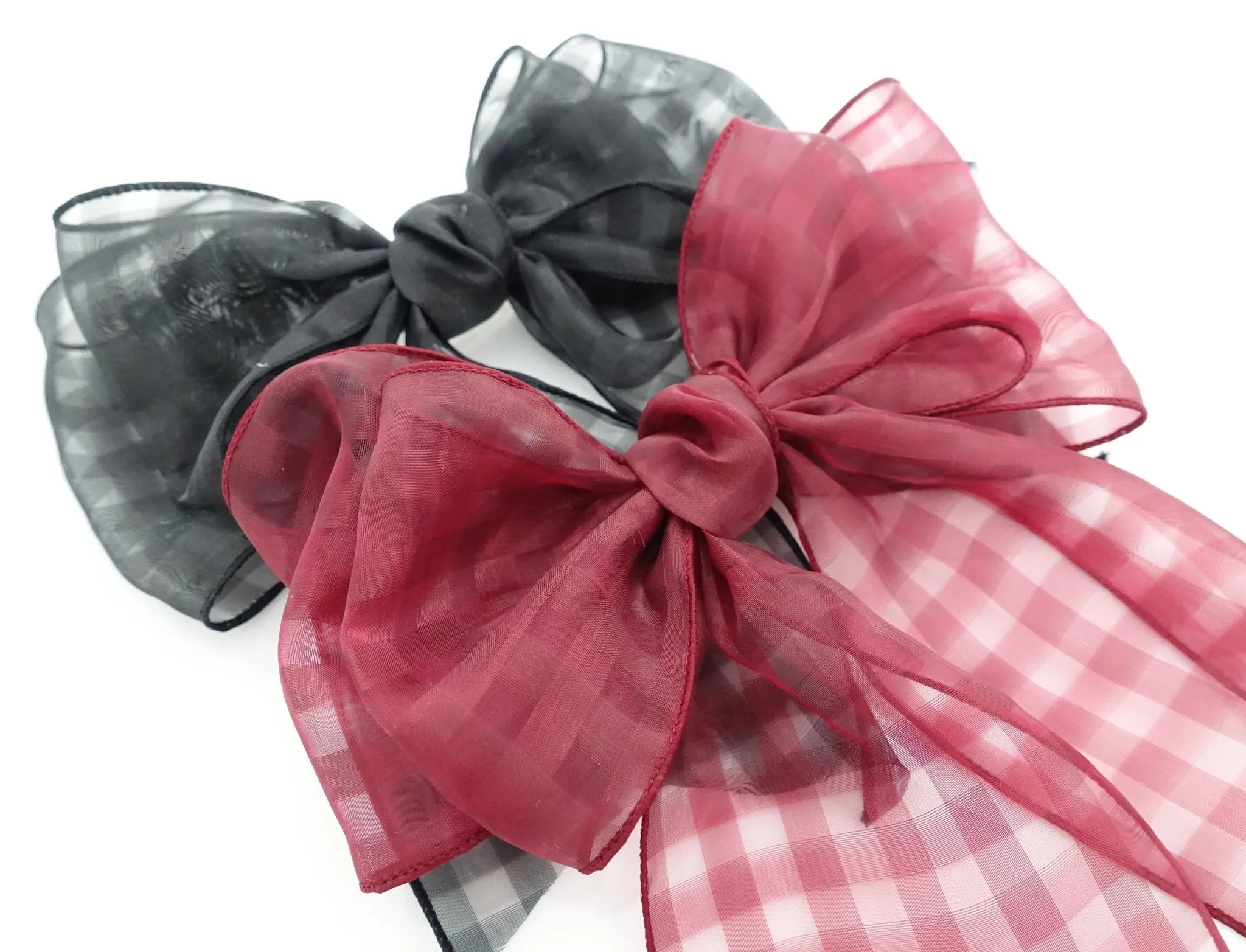 Organdy Fine Mesh Check Solid Big Bow French Hair Barrette for Women