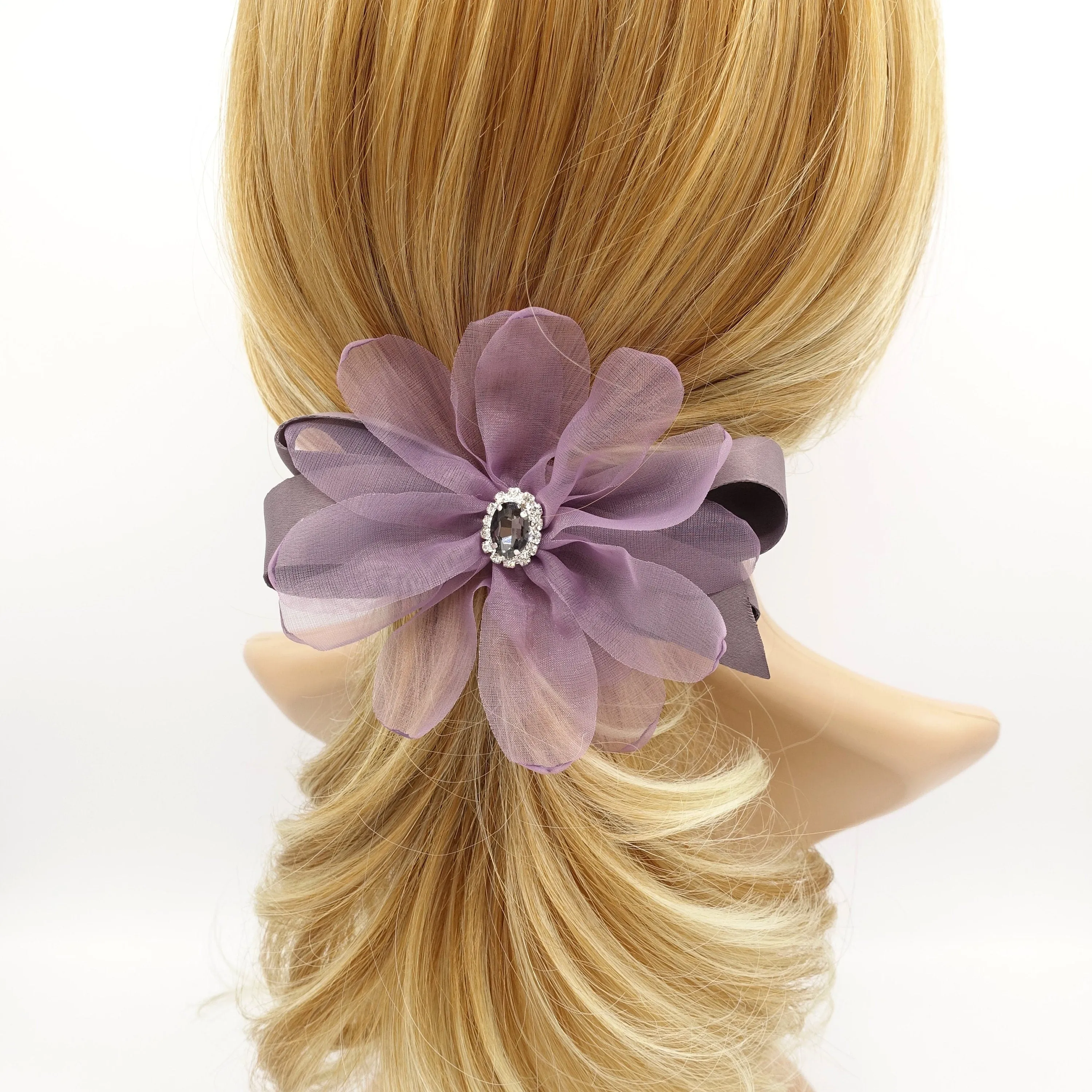 organza petal flower hair barrette rhinestone embellished hair bow women accessory