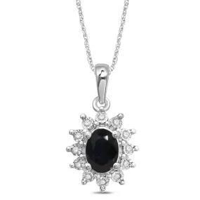 Oval Created Sapphire Necklace with 0.05ct of Diamonds in Sterling Silver