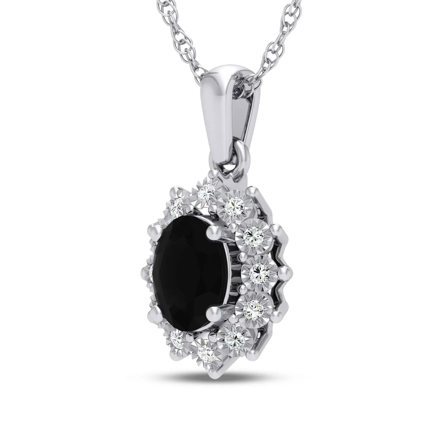 Oval Created Sapphire Necklace with 0.05ct of Diamonds in Sterling Silver