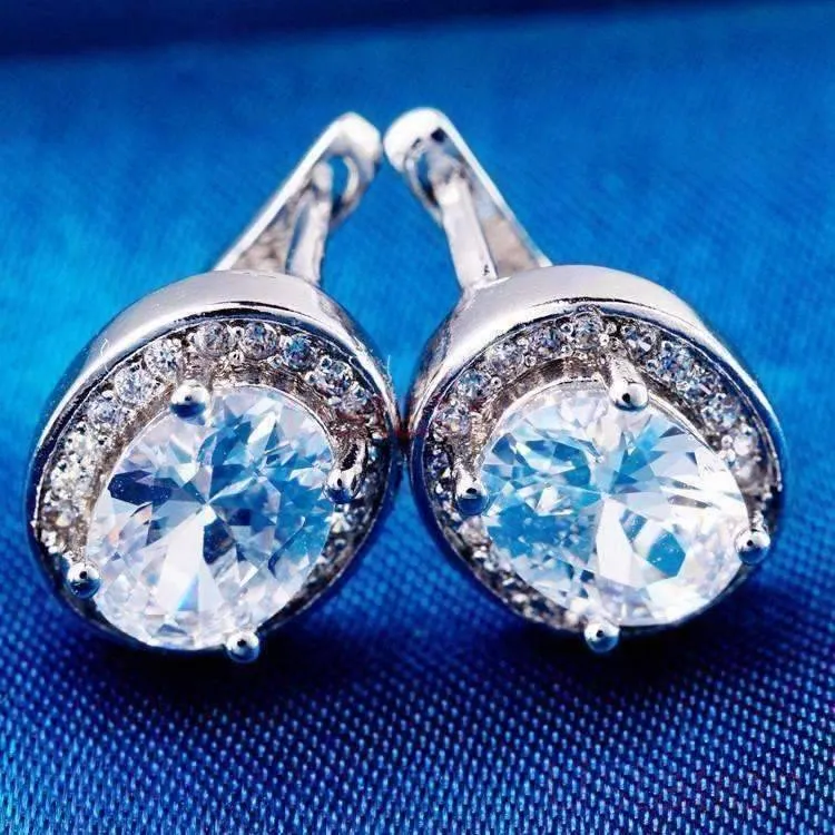 Oval Solitaire Halo Earrings in Sapphire, Emerald, Topaz or White CZ For Woman