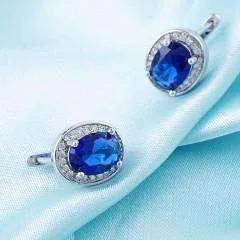 Oval Solitaire Halo Earrings in Sapphire, Emerald, Topaz or White CZ For Woman