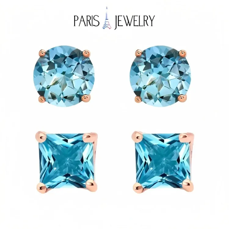 Paris Jewelry 18k Rose Gold 2 Pair Created Blue Topaz 6mm Round & Princess Cut Stud Earrings Plated