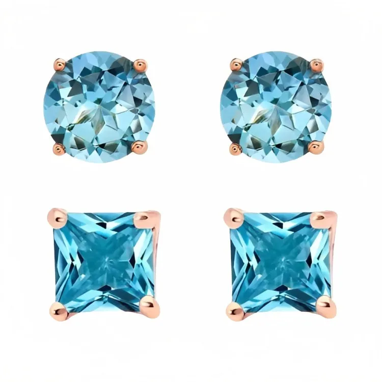 Paris Jewelry 18k Rose Gold 2 Pair Created Blue Topaz 6mm Round & Princess Cut Stud Earrings Plated