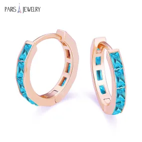 Paris Jewelry 18K Rose Gold Created Blue Topaz 3Ct Emerald Cut Huggie Hoop Earrings Plated