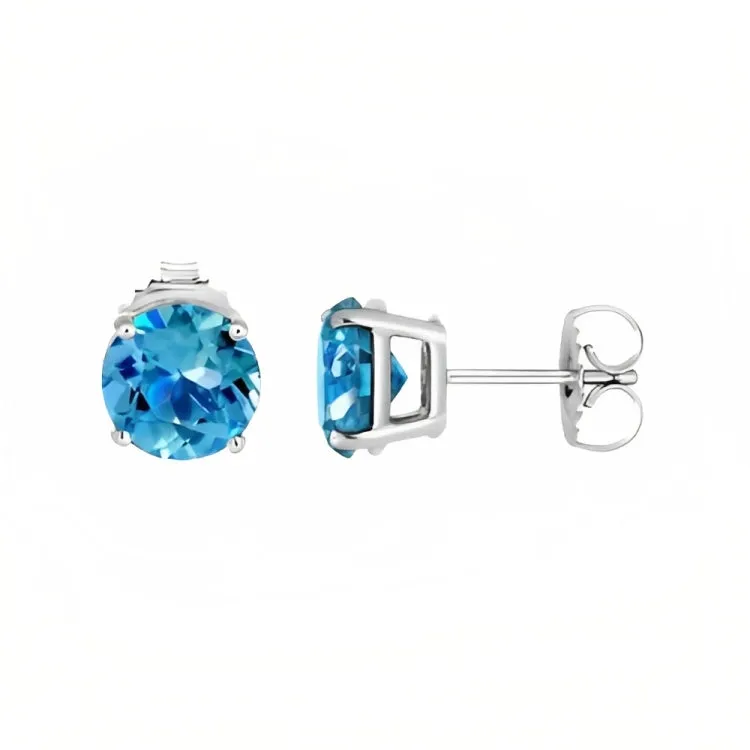 Paris Jewelry 18k White Gold 2 Pair Created Blue Topaz 6mm Round & Princess Cut Stud Earrings Plated