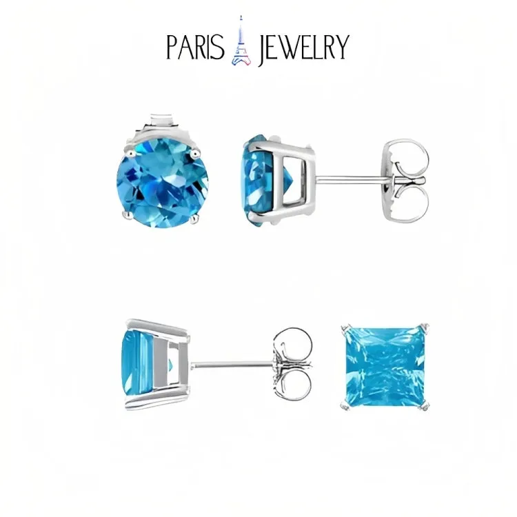 Paris Jewelry 18k White Gold 2 Pair Created Blue Topaz 6mm Round & Princess Cut Stud Earrings Plated